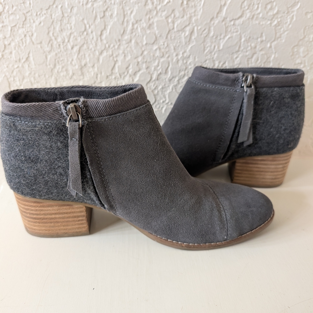 Toms Loren Stacked Heel Ankle Bootie Gray Women’s US 7.5 Suede Felt Zipper Shoe - Picture 5 of 8